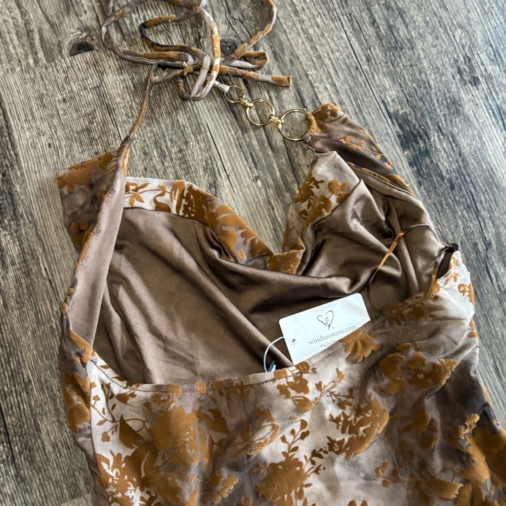 Y2k Style Windsor Brown Floral Burnout Pattern Cowl Halter Top Cutout Mini Dress - Picture 10 of 16